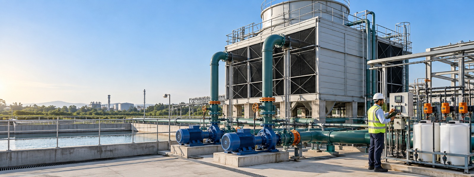 Industrial cooling tower, circulating-water pumps and chemical dosing system